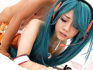 Nerdy Japanese teen girl in cosplay sucking and fucking video